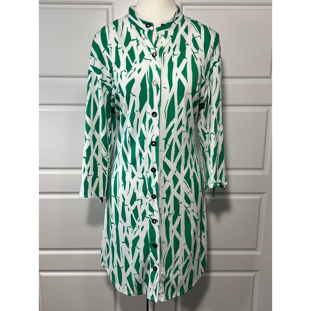 Laundry by Shelli‎ Segal Green White Abstract Print Snap Button Shirt Dress XS 2